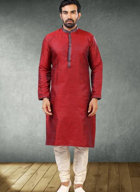 Red Colour New Design Jacquard Silk Brocade Festive Wear Latest Kurta Pajama Mens Collection 1219-1014